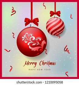 Merry Christmas Cards Design and New Year typographical, Christmas balls background. Vector Illustration, Xmas card.