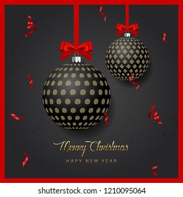 Merry Christmas Cards Design and New Year typographical, Christmas balls background. Vector Illustration, Xmas card.