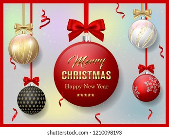 Merry Christmas Cards Design and New Year typographical, Christmas balls background. Vector Illustration, Xmas card.