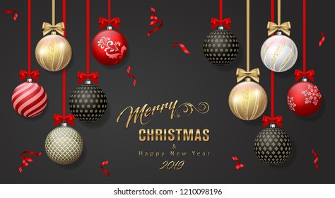 Merry Christmas Cards Design and New Year typographical, Christmas balls background. Vector Illustration, Xmas card.