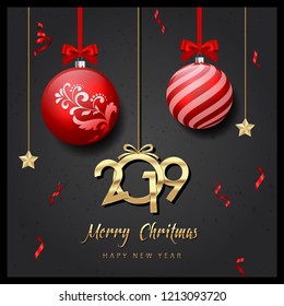 Merry Christmas Cards Design and New Year typographical, Christmas balls background. Vector Illustration, Xmas card.