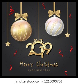 Merry Christmas Cards Design and New Year typographical, Christmas balls background. Vector Illustration, Xmas card.