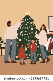 Merry Christmas cards with family decorating Christmas tree, character giving presents printable poster, children opening gifts print, Flat style vector illustration clipart, digital download.