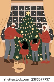 Merry Christmas cards with family decorating Christmas tree, character giving presents printable poster, children opening gifts print, Flat style vector illustration clipart, digital download.