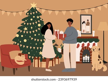 Alegría tarjetas navideñas con familia decorando el árbol de Navidad, caracter que da regalos con carteles imprimibles, niños abriendo la impresión de regalos, ilustración plana vectorial clipart, descarga digital.