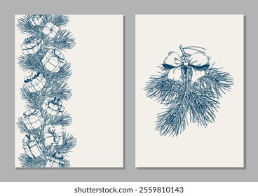 Merry Christmas cards with gift boxes and pine branches. Hand drawn line art vector illustration.