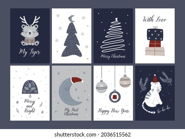 Merry Christmas cards holiday festive Illustration in hand drawn scandinavian style. Tiger greeting card funny jungle animal. Christmas and New Year 6 Cards Collection. Winter Holiday card templates.