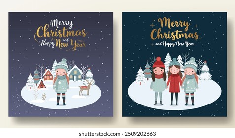 Merry christmas cards with houses, snowy trees, cute girls and lettering. Christmas template. Wintry scenes.