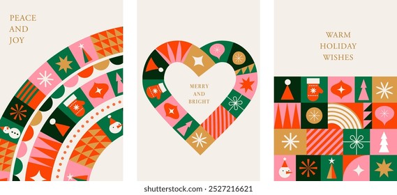 Merry Christmas cards in modern minimalist geometric style. Merry Christmas colorful illustration in flat cartoon style. Xmas vector backgrounds with geometrical patterns, stars