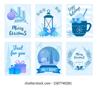 Merry Christmas cards, New Year tree and snowflakes frame. Holidays greeting cards with New Year tree, gift box, branch with ball. Winter Mug.