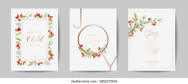 Merry Christmas Cards, New Year Invitation with Pine Branches, Holy Berry, Mistletoe, Winter floral plants design illustration, greetings, flyer, brochure, cover. Vector Set