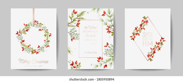 Merry Christmas Cards, New Year Invitation with Pine Branches, Holy Berry, Mistletoe, Winter floral plants design illustration, greetings, flyer, brochure, cover. Vector Set