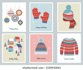 Merry Christmas cards with patterned illustrations and elements. Vector design