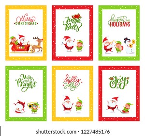 Merry Christmas cards with Santa Claus. Vector of festive illustration greetings with Elf and Reindeer singing carols, dancing and riding on sleigh