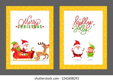 Merry Christmas cards with Santa, Elf and Deer. Vector cartoon images of Father Frost, dwarf and reindeer riding carriage full of presents and gift boxes