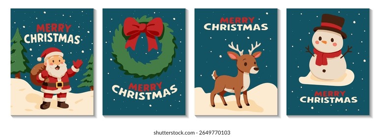 Merry christmas cards with a santa and reindeer on them. The cards are blue and feature a wreath