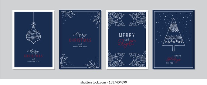 Merry Christmas cards set with baubles, greetings and Christmas tree. Hand drawn doodles and sketches vector Christmas illustrations, DIN A6.