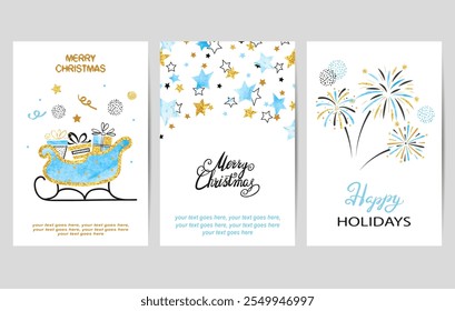 Merry Christmas cards set in blue and golden colors. Celebration vector templates with Santa sleigh, stars and fireworks