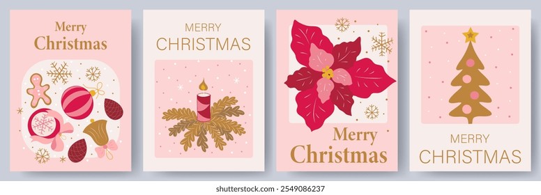 Merry Christmas cards set. Christmas design with typography and Christmas elements. Trendy hand drawn illustration for season banner, poster, cover. Vector illustration