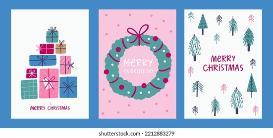 Merry Christmas cards set in flat style. Funny vector card or poster for winter holidays and new year party.