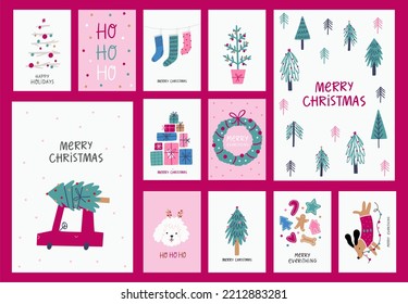 Merry Christmas cards set in flat style. Funny vector card or poster for winter holidays and new year party.