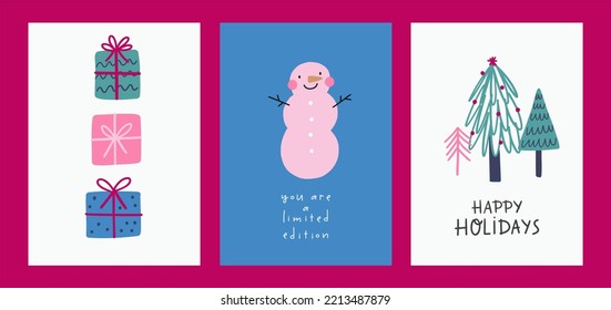 Merry Christmas cards set in flat style. Funny vector card or poster for winter holidays and new year party.