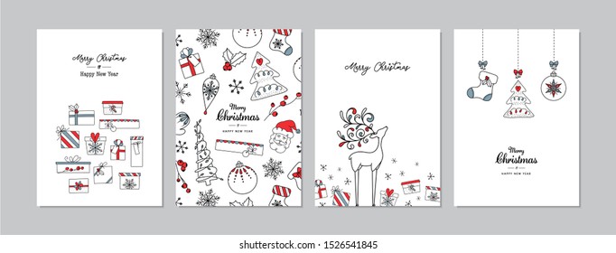 Merry Christmas cards set with hand drawn elements. Doodles and sketches vector Christmas illustrations,  