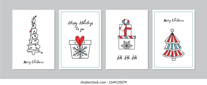 Merry Christmas cards set with hand drawn Christmas trees and gifts. Doodles and sketches vector Christmas illustrations, DIN A6.