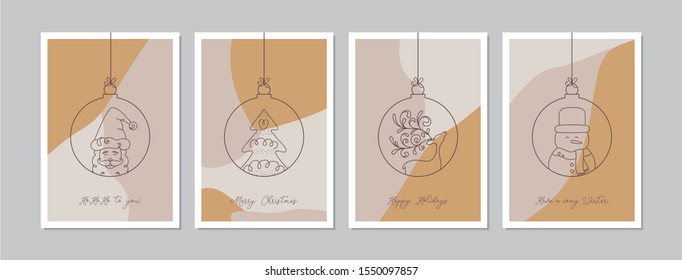 Merry Christmas cards set with hand drawn Christmas baubles. Doodles and sketches vector vintage Christmas illustrations, DIN A6