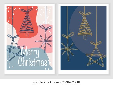 Merry Christmas cards set with hand drawn elements, handmade Christmas tree decoration on abstract background