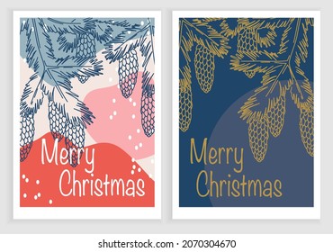 Merry Christmas cards set with hand drawn elements, vector illustration spruce branch with a pine cone 