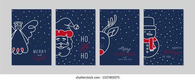 Merry Christmas cards set with Santa Claus, reindeer, snowman and angel. Hand drawn doodles and sketches vector Christmas illustrations, DIN A6.