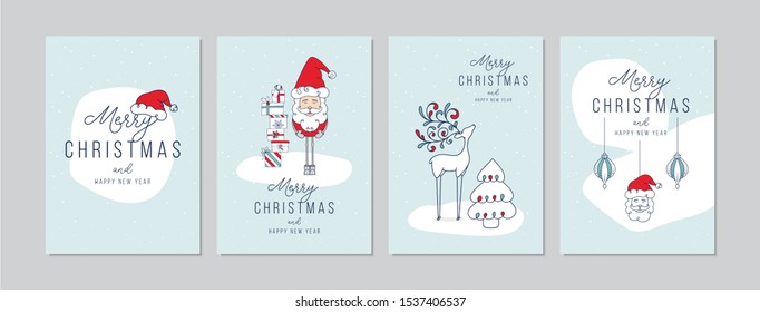 Merry Christmas cards set with Santa Claus and reindeer designs. Hand drawn doodles and sketches vector Christmas illustrations, DIN A6.