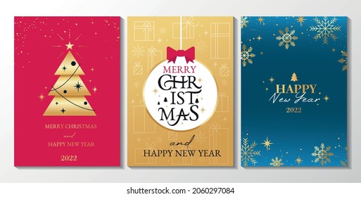 Merry Christmas cards set with snowflakes and New Year tree. Modern Christmas templates for banner, invitation, background. Vector illustration with linear geometric objects. Trendy holiday background