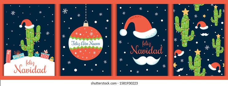 Merry Christmas cards set Spanish, Ano Nuevo decorated Christmas cactus, Santa hat, mustache, ball on dark blue background. Winter invitation, greeting card, prints. Vector illustration.