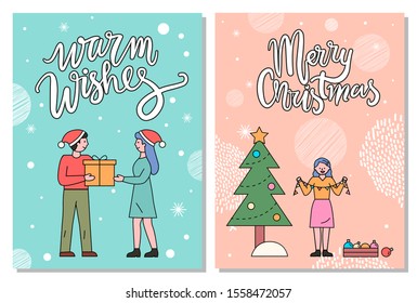 Merry christmas cards set vector, people on winter holidays celebrating events together. Woman and man exchanging gifts. Lady decorating pine tree with garlands and baubles. Minimalist postcard
