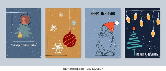 Merry Christmas Cards Set.  Xmas Template Design with Typography and Floral Elements, Christmas Tree, Ball, Santa. Modern Hand Drawn Winter Illustration for Season Design, Banners, Prints, Posters