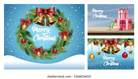 merry christmas cards with snowscapes and decorations vector illustration design