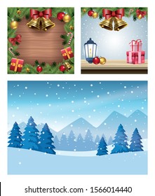 merry christmas cards with snowscapes and decorations vector illustration design