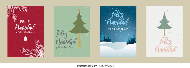 Frohe Weihnachtskarten mit spanischen Feliz Navidad Text und Baumdesigns,