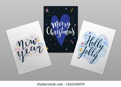 Merry Christmas cards templates with lettering. Holly jolly calligraphy phrase with doodle illustrations. Abstract design templates, pre-made invitations with typography, posters or greeting cards.