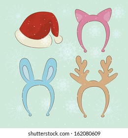 Merry Christmas carnival cartoon vector set with Santa hat, cat ears, bunny ears, reindeer antlers