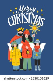 Merry Christmas. Christmas carolers. Nativity Scene costumes. Greeting card with hand drawn lettering.