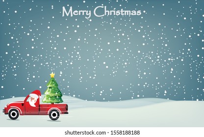 Merry christmas cartoon background Uncle Satata Cross, drive a pickup truck on a snowy day - vector