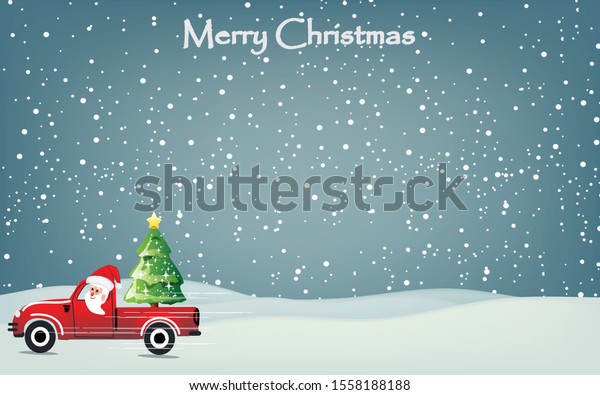 Merry christmas cartoon\
background Uncle Satata Cross, drive a pickup truck on a snowy day\
- vector