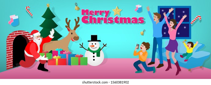 The Merry Christmas cartoon banner background picture of the 
Santa Claus come out form the chimney at the night of celebration, but he is surprised by the waiting family. ( vector )