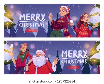 Merry Christmas cartoon banner, Santa Claus and man, girls with champagne glass stand on winter forest background with snowfall. Xmas and Happy New Year corporate party celebration, vector web header