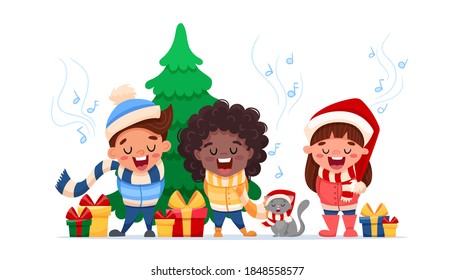 Merry Christmas. Cartoon characters, multinational children and cat singing Christmas carols isolated on white background. Xmas Singers. Vector flat illustration.