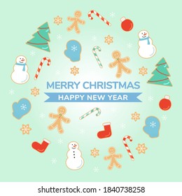 Merry Christmas cartoon in circle with text, colorful background