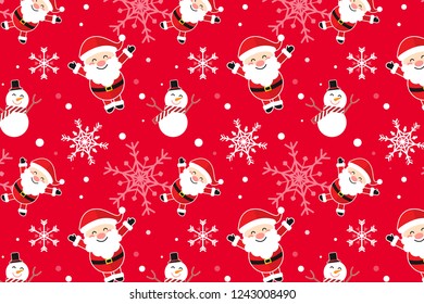 Merry christmas cartoon concept seamless pattern background design,vector illustration.Happy smiling Santa cluas,snowman,snow flakes on red background.